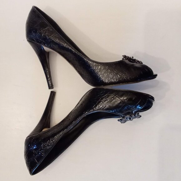 Joey O Black Stilettos Moc Croc Buckle Peep Toes size 8 silver insoles 4" Heels - Picture 7 of 8
